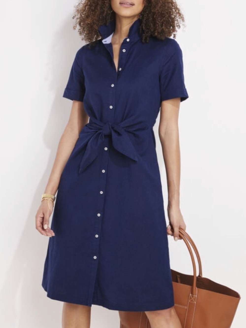 Vineyard Vines Westerly Tie Front Linen Blend Shirt Dress Navy Size 2